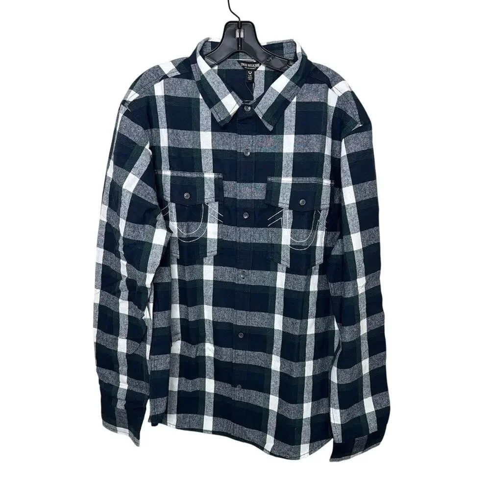 True Religion Style 110005 arched logo plaid flannel shirt Mens Size Large New